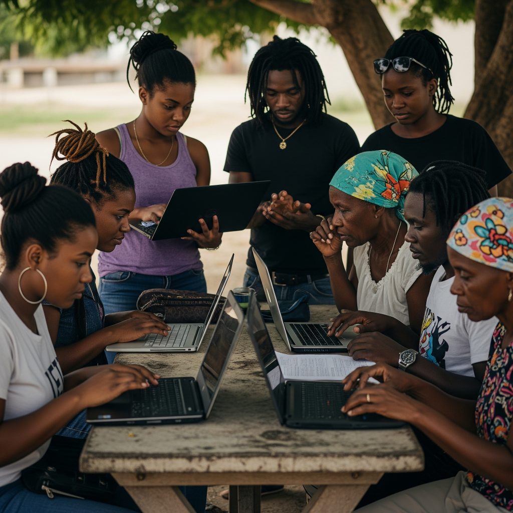 A group of people working on laptops in an outdoor setting.